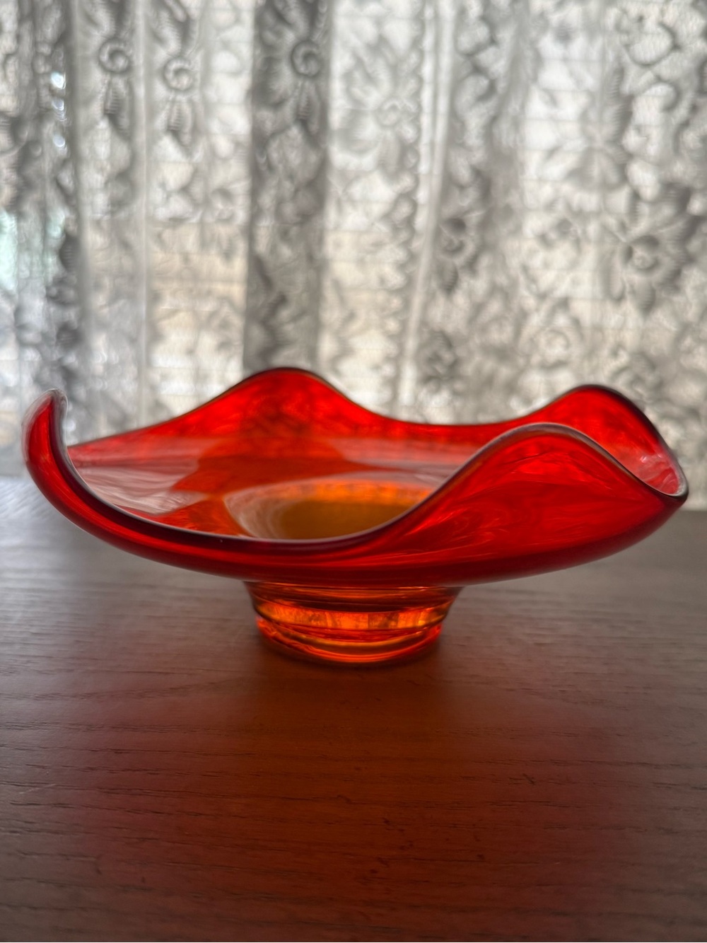 Vintage Viking Persimmon Orange Epic Four Points Glass Bowl Dish “Waves” #6602